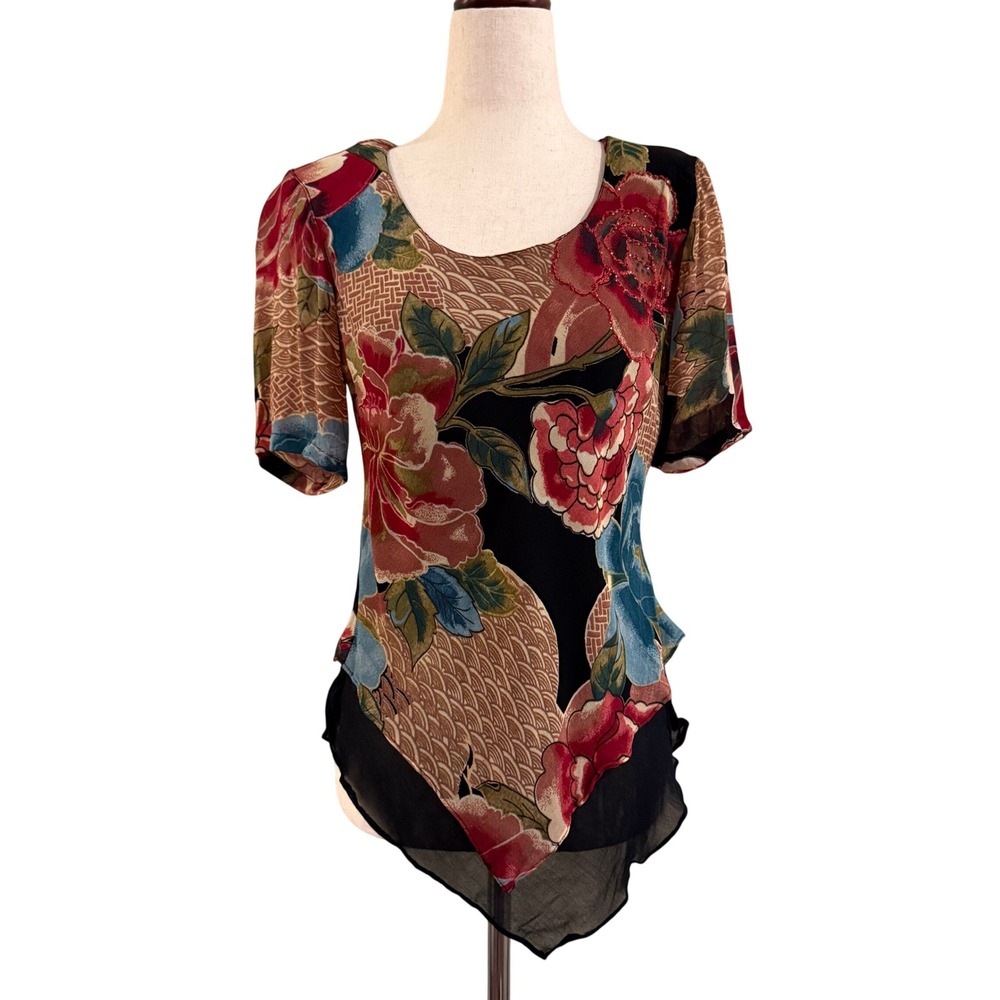 Lola P Floral Beaded Blouse Womens Sm Multicolor Asymmetric Fairy Chiffon Boho